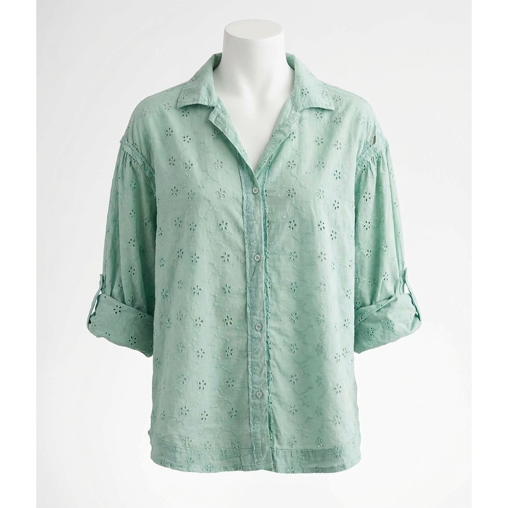 NEW FREE PEOPLE mae washed eyelet shirt in faded green wash
